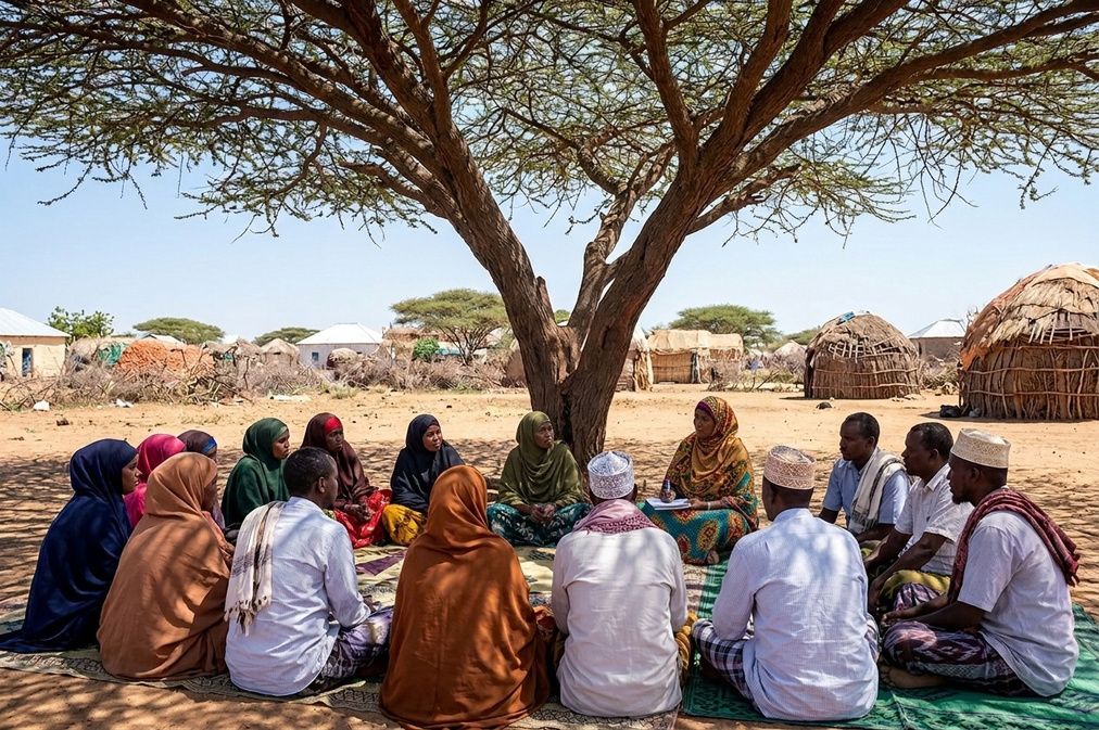 Community members gathered in a discussion circle beneath an acacia tree in rural Somalia