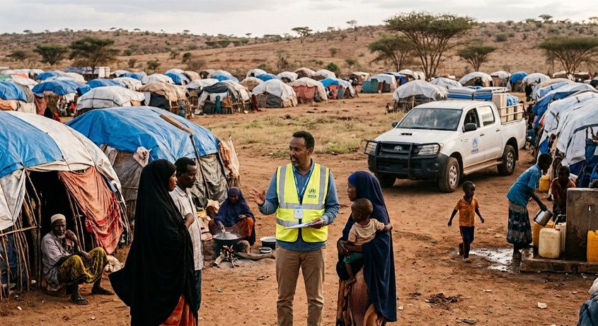 A field officer in a high-visibility vest speaking with families in a displacement camp