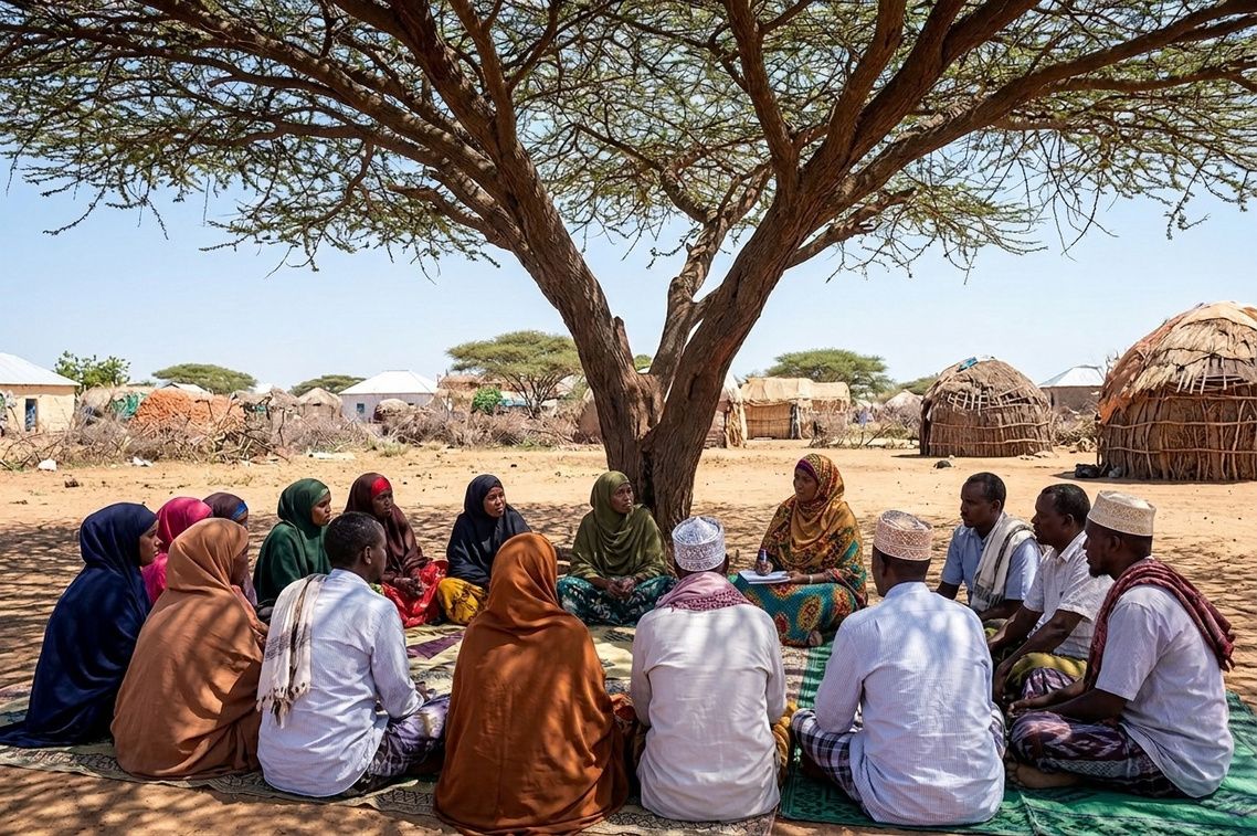 A focus group discussion held in a circle under a large acacia tree