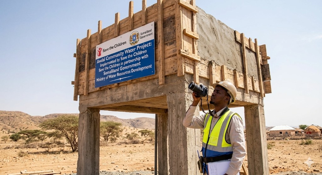 Field researcher documenting a community water project in a rural arid landscape