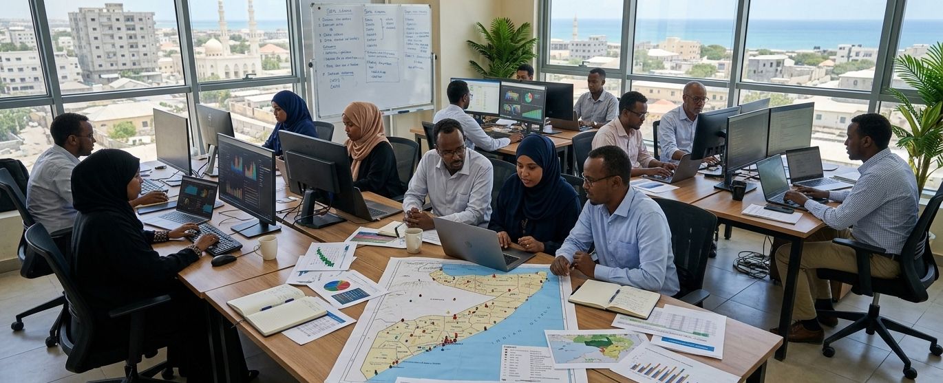 Analysts and researchers collaborating around maps and laptops in the Ultimate Consulting office