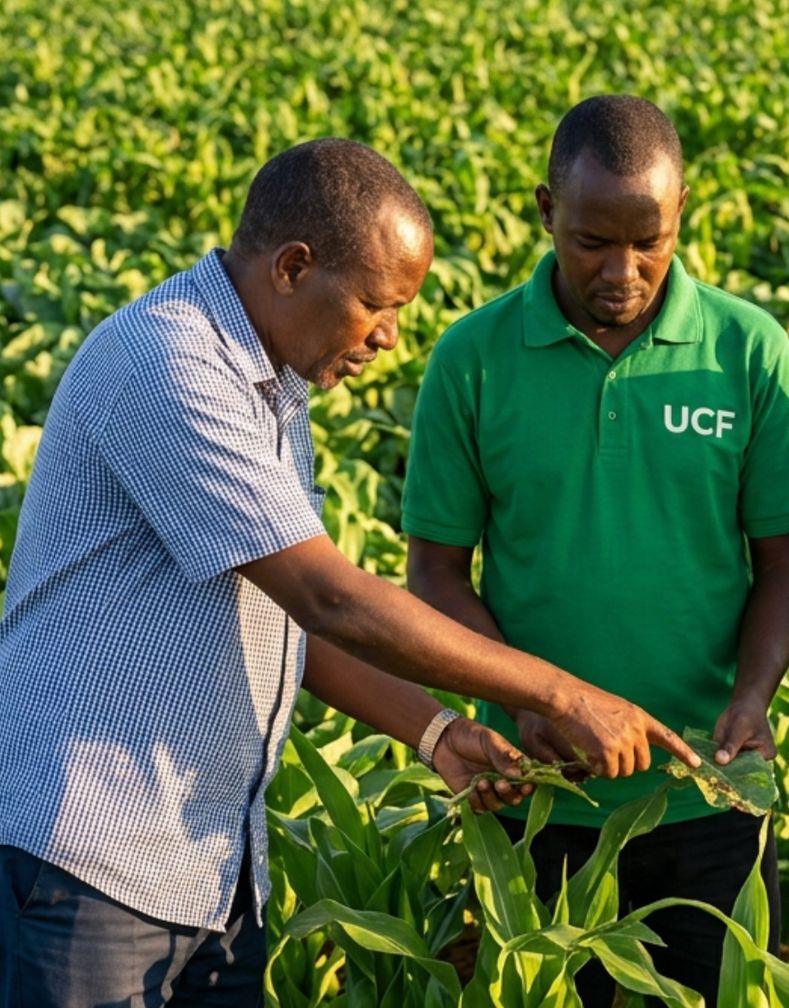 Two monitors examining crops together in a maize field