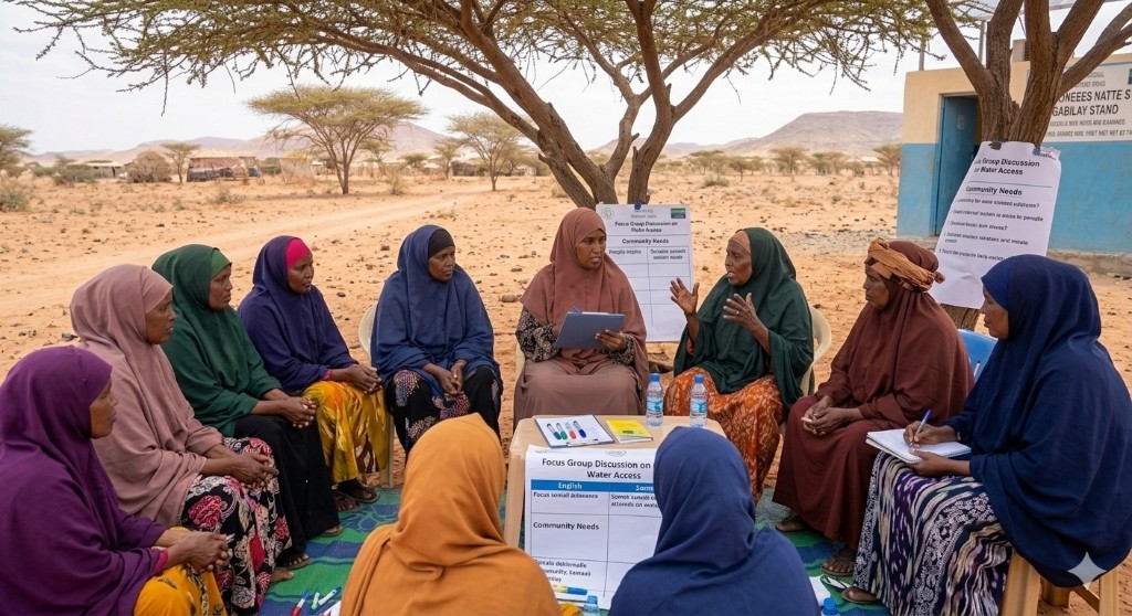 Localized monitoring team facilitating a focus group discussion on water access in a rural community