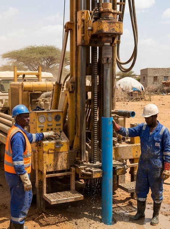 A technician operating a borehole drilling rig at a water project site