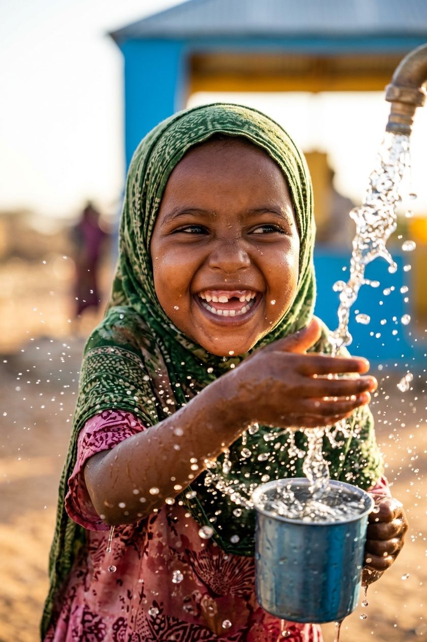 A smiling girl in a green headscarf holding a cup of clean water